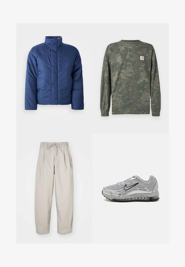 Marineblauwe pufferjack met een hoge kraag, voorritssluiting en gewatteerde textuur. Heeft een logo op de linkerkant van de borst.; Langarmig camouflage shirt in groene en bruine tinten met een klein vierkant Carhartt-logo op de linkerborst.; Beige, lichte broek met een elastische tailleband en trekkoord. Beschikt over plooien en een losse pasvorm, gemaakt van een zachte, gladde stof.; Grijze Nike Air Max sneakers met een bovenwerk van gaas en synthetisch materiaal, golfachtig ontwerp, zwarte accenten en een zichtbare luchtkussening.