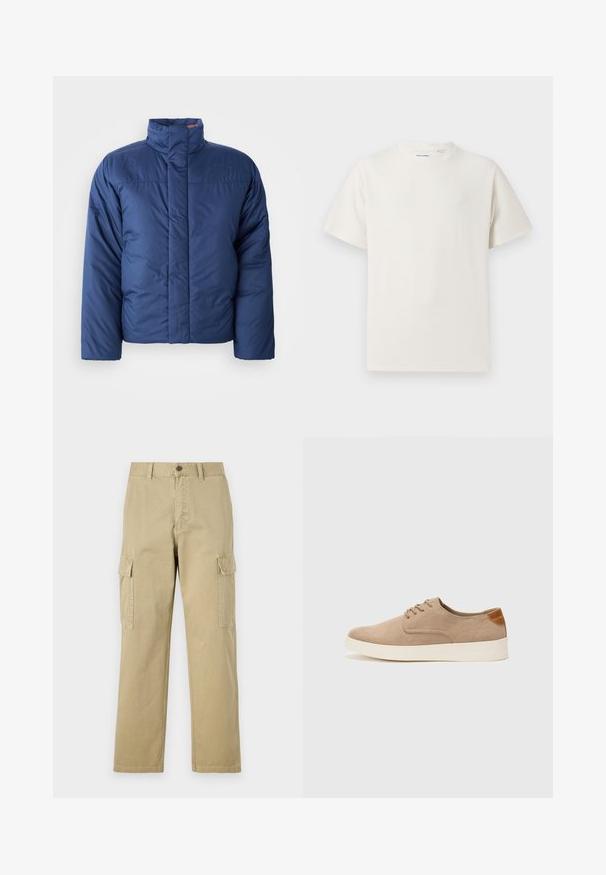 Temno modra zimska jakna s visokim ovratnikom, sprednjim zadrgo in prešito teksturo. Ima logo na levem prsnem delu.; Bela majica s kratkimi rokavi iz rebraste tkanine. Okrogli izrez, sproščen kroj, brez vidnih vzorcev ali naglasov. Preprosta in vsestranska zasnova.; Bež hlače s cargo krojem iz bombaža, z dvema stranskima žeparm, gumbom za zapiranje in ravnimi nogavicami iz rahlo teksturirane tkanine.; Bež tkanine usnjene superge z zaobljenim nosom, vezalkami na sprednji strani in teksturiranim zadnjim detajlom. Belo gumijasto podplato zagotavlja kontrast. Enostaven in sodoben dizajn.
