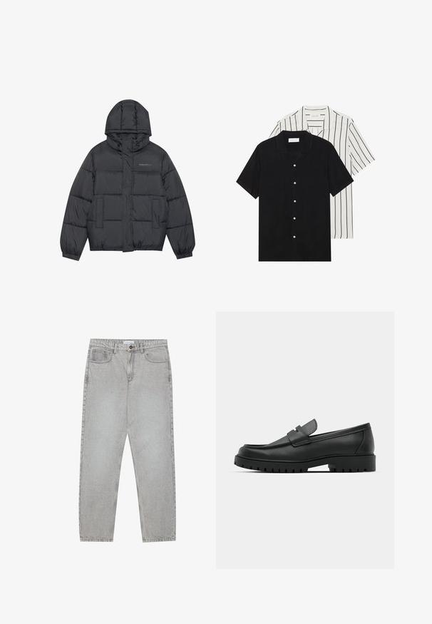 Tumehall puffer-jakk, millel on lukk, kapuuts, kaks esikot, elastsed mansetid ja õmmeldud puffid, mis loovad tekstuuri. Rinnal logo.; Kaks lühikeste varrukatega särki: üks ühtlane must, teine valge mustade vertikaalsete triipudega. Mõlemal on nööbiga kinnitamine ja klassikaline krae.; Heledad hallide denimpüksid otse säärekujundusega, viie-taskulise stiliseerimise ja nupukinnitusega. Nähtav õmblus kõrvuti.; Mustad musta nahast loafers, millel on ümar varvas, tikandiga disain, madal platvorm-soon ja tekstureeritud, soonikkummist välistald.
