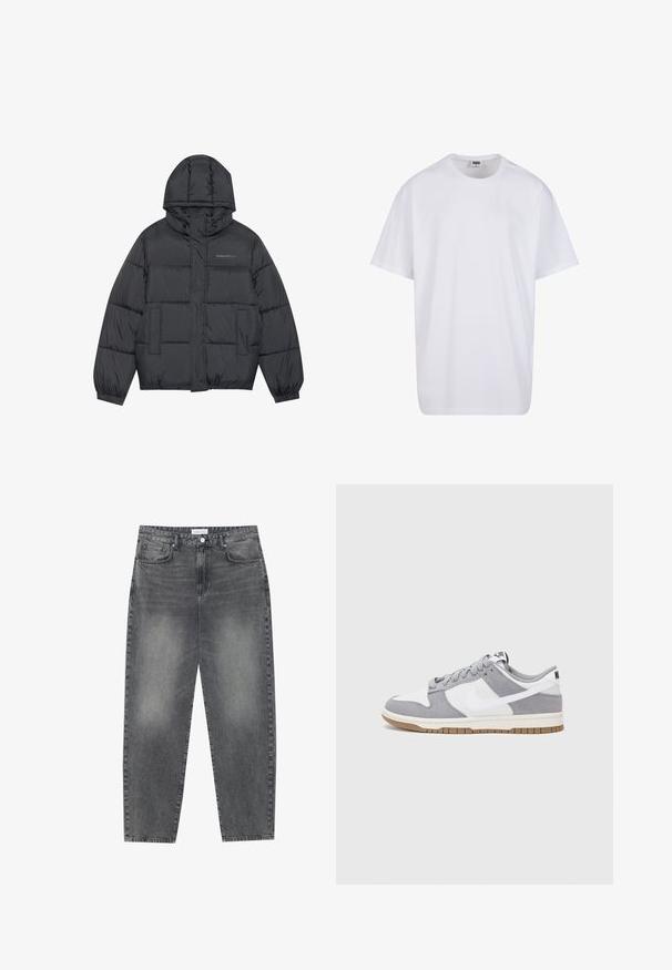 Tumehall puffer-jakk, millel on lukk, kapuuts, kaks esikot, elastsed mansetid ja õmmeldud puffid, mis loovad tekstuuri. Rinnal logo.; Valge puuvillane t-särk lühikeste varrukatega, ümmarguse kaelusega, lõdva lõikega ja ilma nähtavate logodeta või mustriteta. Sile tekstuur ja minimaalne disain.; Kõrgema vöökohtadega, lõdva lõikega teksad, mis on valmistatud tuhmist mustast denimist. Selles on viis taskut, traksid ja puhas, sirge säärelõige.; Halli ja valge tennis鞋, millel on nubuk- ja nahkdetailid, ümar varvas, lamedad nöörid ning kummist tald, millel on kola aktsent.