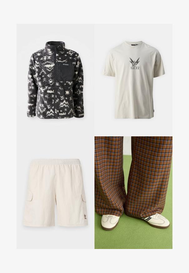 Chaqueta de forro polar con un patrón abstracto en blanco y negro, cuello alto, cierre frontal completo y un bolsillo en el pecho de tela negra.; Camiseta de algodón color crema con un diseño gráfico de un querubín y alas con la palabra "AMOUR" en texto negro debajo de la imagen.; Pantalones cortos tipo cargo beige con una cintura elástica, dos bolsillos laterales y un pequeño logo en la parte inferior derecha. Tela suave y ligera.; Pantalones de pata de elefante de cuadros marrones y azules combinados con zapatos blancos con detalles en negro y suelas texturizadas, sobre un fondo verde.