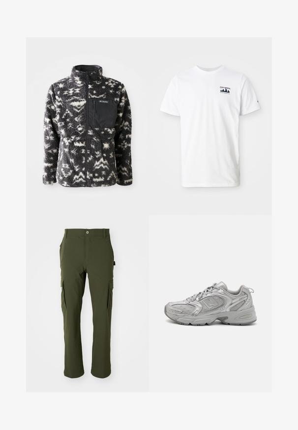 Fleece-Jacke mit einem schwarz-weißen abstrakten Muster, hohem Kragen, durchgehendem Reißverschluss und einer Brusttasche aus schwarzem Stoff.; Weißes Baumwoll-T-Shirt mit kurzen Ärmeln. Verfügt über ein dunkelblaues Logo auf der linken Brust. Einfaches Rundhals-Design, weiche Struktur.; Olivgrüne Cargo-Hosen aus leichtem Stoff. Sie verfügen über gerade Beine, mehrere Seitentaschen und einen Knopfverschluss an der Taille.; Silberner Sportschuh mit schlankem Design, Mesh-Einsätzen, gepolstertem Schaft, strukturiertem Synthetik-Obermaterial und Gummisohle für Traktion.