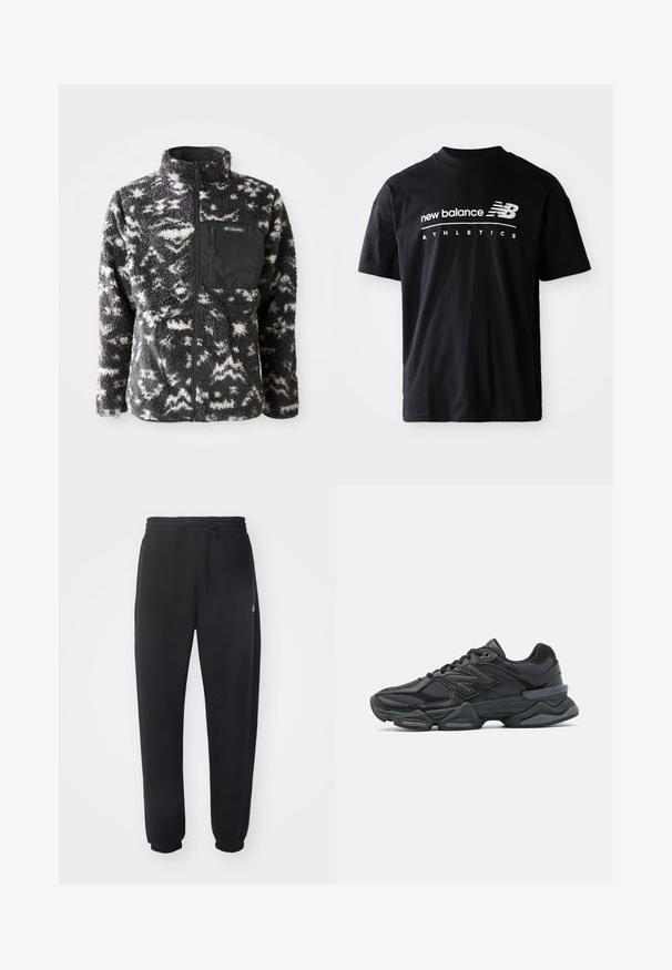 Fleecejack met een zwart-wit abstract patroon, hoge kraag, volledige ritssluiting aan de voorkant en een borstzak in zwarte stof.; Zwarte katoen t-shirt met een ronde hals, korte mouwen en witte tekstgraphics van "new balance" en "ATHLETICS" op de voorkant.; Zwarte joggingbroek van zacht materiaal met een elastische tailleband, trekkoord en taps toelopende manchetten, met een subtiele logo aan de zijkant.; Zwarte hardloopschoen met een mix van mesh en synthetische materialen, een stevige zool, gebogen ontwerp en prominente branding op de zijkant.