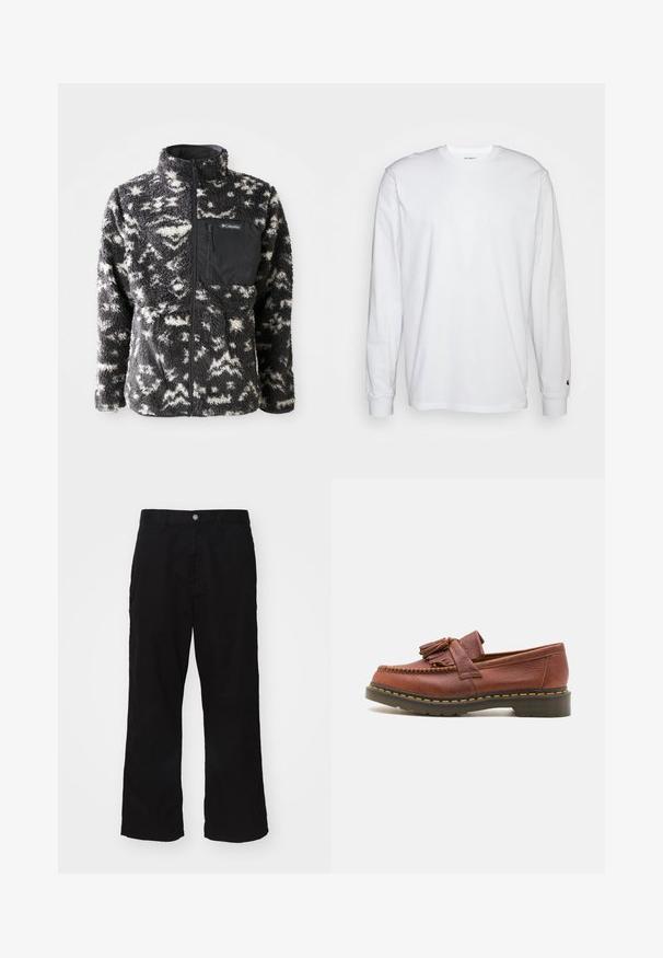 Fliso džemperis su juodai baltu abstrakčiu raštu, aukšta apykakle, visiškai užtraukiamu užtrauktuku priekyje ir krūtinės kišene juodo audinio.; Balta, ilga rankovė T-maiša, pagaminta iš medvilnės. Apvalios iškirptės dizainas su raukiniais ant rankovių ir nedidelis logotipas ant kairės rankovės. Glotni tekstūra.; Juodos plačios kojų kelnės, pagamintos iš medvilnės mišinio, su mygtukų uždarymu ir tiesiu kirpimu, turinčios minimaliai matomų siūlių.; Rudos odinės mokasinai su pakabukų akcentais, tekstūruota paviršius ir kontrastuojančios geltonos siūlės palei juodą gumos pada.