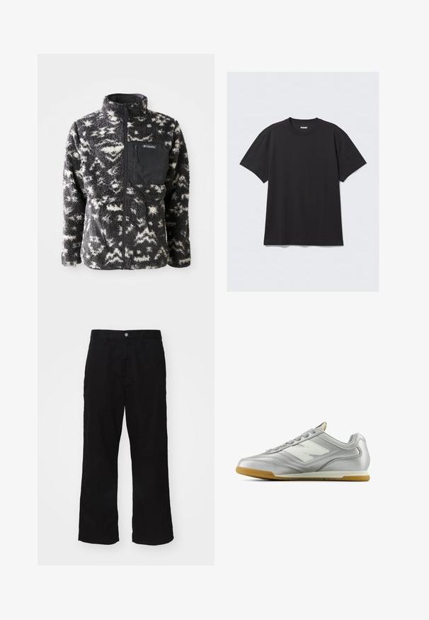 Siltināta jaka ar melnbaltu abstraktu rakstu, augstu apkakli, pilnu priekšējo rāvējslēdzēju un krūšu kabatu melnā audumā.; Melnas īsām piedurknēm t-krekls, kas izgatavots no kokvilnas. Tam ir apaļa kakla izgriezne un brīva piegriezuma siluets. Vienkāršs dizains bez rakstiem vai akcentiem.; Melnas platās bikses, izgatavotas no kokvilnas un sintētisko šķiedru maisījuma, ar pogu aizdari un taisnu griezumu, ar minimāli redzamām šuvēm.; Sudraba sporta apavi ar gludu, spīdīgu virsmu, balto logo sānos, teksturētām pelēkajām šņorēm un gumijas zoli.
