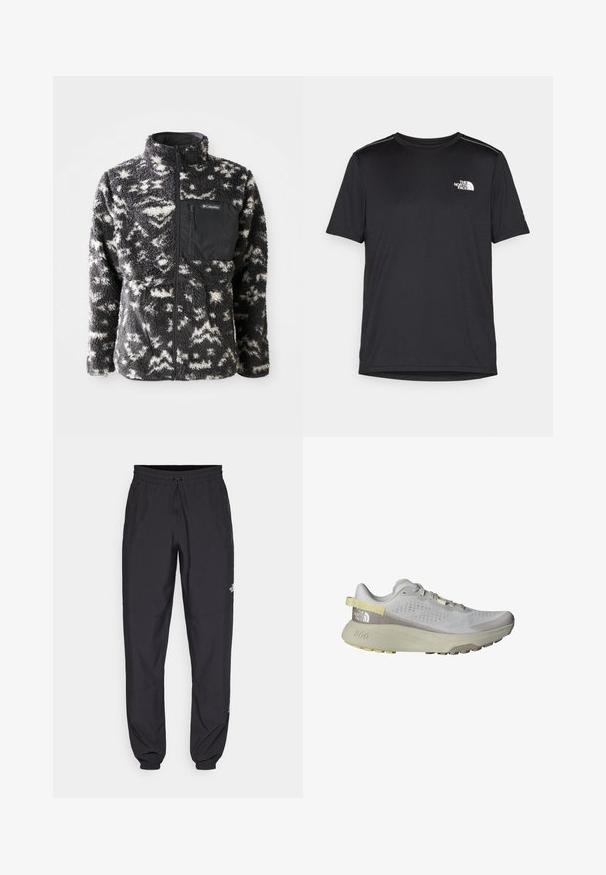 Siltināta jaka ar melnbaltu abstraktu rakstu, augstu apkakli, pilnu priekšējo rāvējslēdzēju un krūšu kabatu melnā audumā.; Melnas īsām piedurknēm T-kreklas, izgatavots no viegla auduma. Uz kreisā krūtīm ir neliels balts logo un smalki plecu akcenti.; Melni sporta bikses, kas izgatavotas no viegla auduma, ar savelcamu jostu, sānu kabatām un sašaurinātiem apakšējiem galiem pie potītēm.; The North Face ALTAMESA 300 - Krosa skriešanas apavi - glacier gray/soapstone