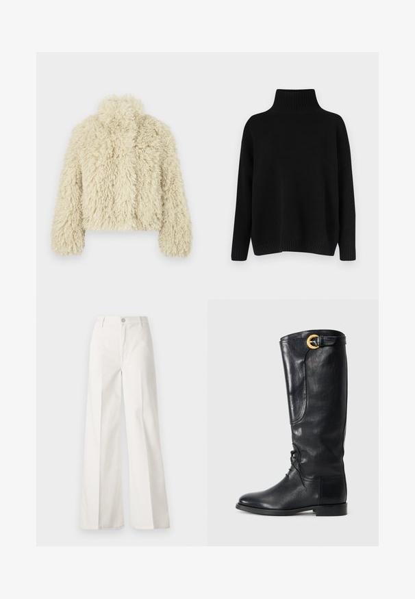 Valkoinen tekoturkki takki korkean kauluksen, laatikkomaista muotoa, tekstuuripintaa ja pitkiä hihoja. Takissa on pehmeä ja pörröinen ulkonäkö.; Musta neulottu neulepaita, jossa on korkea resoripystykaulus, korotetut olkapäät ja rento leikkaus. Varustettu resorireunuksilla hihansuissa ja helmassa tuomaan tekstuuria.; Valkoiset leveälahkeiset housut, jotka on valmistettu puuvillasta ja joissa on sileä rakenne. Ominaisuuksiin kuuluvat etupainike, vetoketjuluukku ja neljän taskun muotoilu.; Musta nahkasaapas, joka ulottuu polveen, pyöristetyllä kärjellä, nauhoitettuna edestä, sivuosalla ja kullalla viimeistellyllä soljella ylhäällä. Sileä pinta.