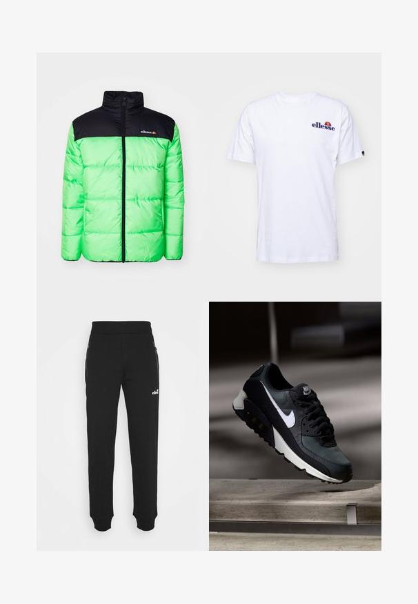 Ellesse VILAROSA zielony; Biała bawełniana koszulka z krótkim rękawem, z granatowym haftowanym logo po lewej stronie klatki piersiowej oraz żywym akcentem kolorystycznym nad logo.; Czarne spodnie dresowe z miękkiego materiału charakteryzują się zwężanym krojem nogawek, elastycznym pasem, kieszeniami bocznymi z zamkami oraz małym akcentem z logo.; Czarno-zielony sneaker z wzorzystą siateczką górną, białym logo Swoosh, wyściełanym kołnierzem oraz widoczną jednostką poduszkową w podeszwie.