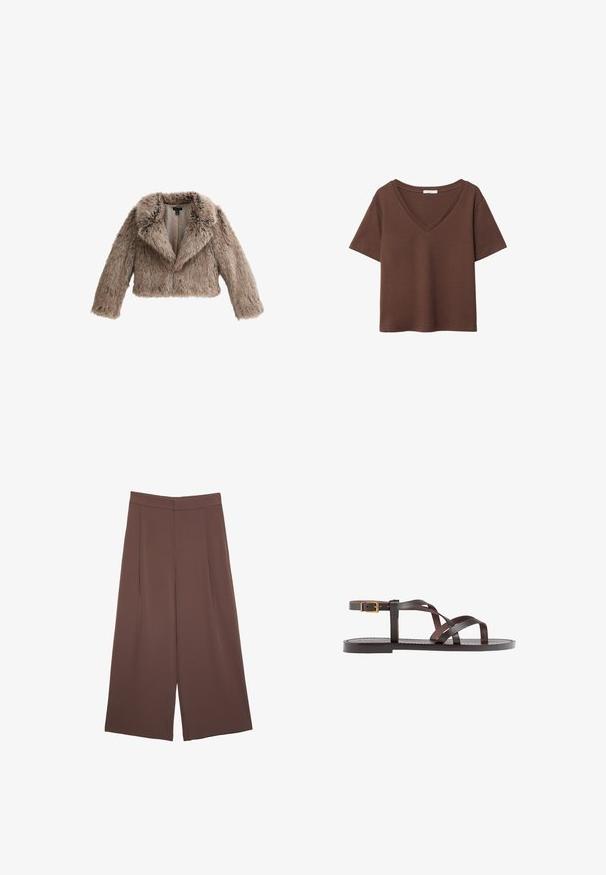 New Look - Kurtka zimowa; Brązowy bawełniany t-shirt z krótkimi rękawami i głębokim dekoltem w kształcie litery V. Prosty design, miękka faktura i prosty krój u dołu. Brak wzorów i akcentów.; Brązowe spodnie o szerokich nogawkach z gładką fakturą, z wysokim stanem i plisami z przodu. Materiał jest lekki i luźno opada.; Brązowe skórzane sandały z krzyżującymi się paskami, zapięciem na klamrę przy kostce oraz płaską podeszwą z minimalnymi detalami szycia.