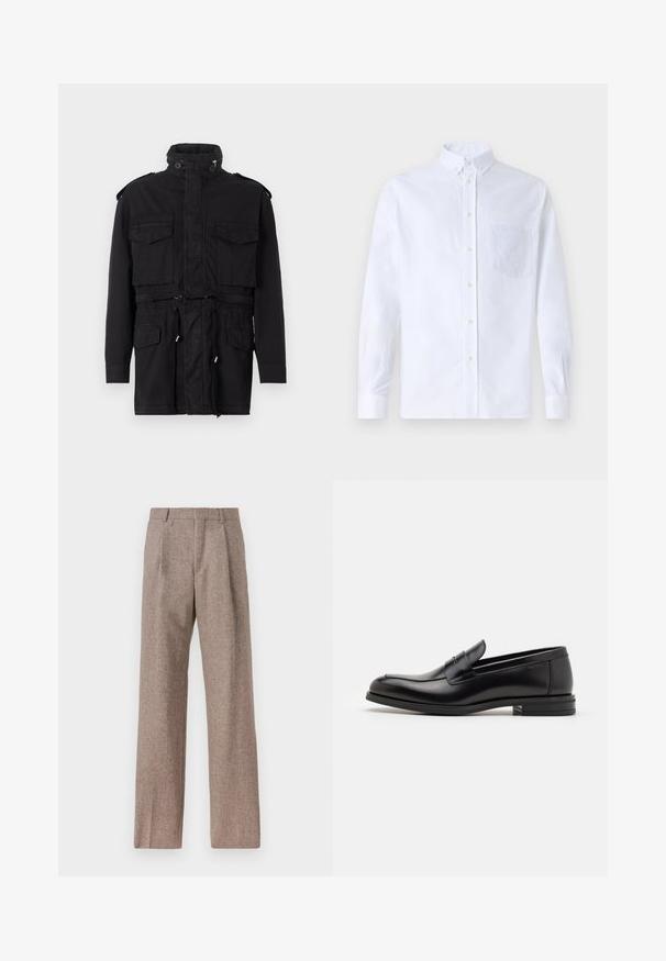Zwarte parka jas met een hoge kraag, twee voorkeurszakken, een verstelbare taille en schoudernoppen, gemaakt van een duurzame stof.; Witte lange mouwen overhemd van katoen, met een borstzak met tonale borduring, een kraag en knopenmanchetten.; Bruine, hooggewaisted broeken van een gestructureerde stof. Heeft wijde benen en twee voorplooien voor extra structuur. Net afgewerkt zonder zichtbare hardware.; Zwarte leren instappers met een gladde textuur, ronde neus en een decoratieve band over de wreef. Lage, gestapelde hak en minimalistisch ontwerp.