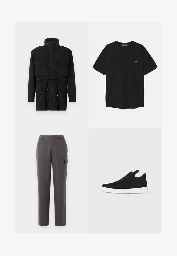 Sort parka-jakke med højt krave, to frontlommer, snoretræk i taljen og skulderstropper i et slidstærkt stof.; Sort bomulds T-shirt med rund hals, korte ærmer og en hvid logo print på venstre bryst. Simpelt, ensfarvet design.; Grå bukser med en afslappet pasform, lavet af et glat stof. Har en knaplukning, sidelommer og en cargo-lomme på benet.; Sort ruskinds sneaker med en hvid gummisål, der har tonalt syet detalje og snørredesign. Glat tekstur med en moderne, strømlinet form.