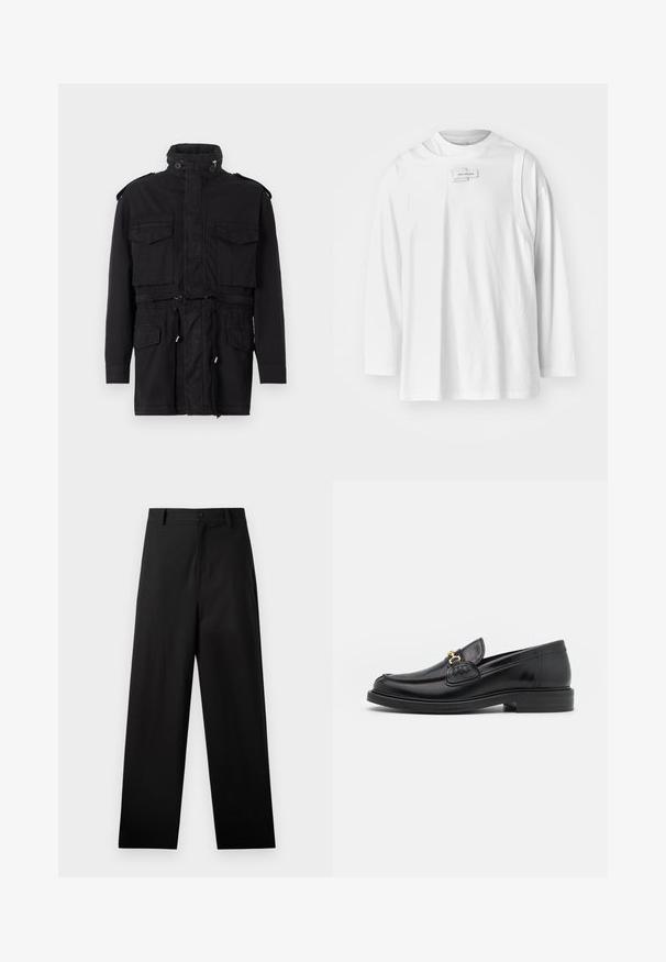 Mustat parka-takki, jossa on korkea kaulus, kaksi etutaskua, kiristettävä vyötärö ja olkatikkaukset kestävästä materiaalista.; Feng Chen Wang DECONSTRUCTION UNISEX - Pitkähihainen paita - white; Mustat puuvillapantsit suoralla lahkeella, joissa on etupuolen nappikiinnitys ja sivutaskut. Kuitenkin sileä pinta, ilman kuvioita.; Musta nahkainen loafers-tyylinen kengät, joissa on pyöreä kärki, kultaiset yksityiskohdat ja ompelutiedot, asetettu matalalle, teksturoidulle kumipohjalle.
