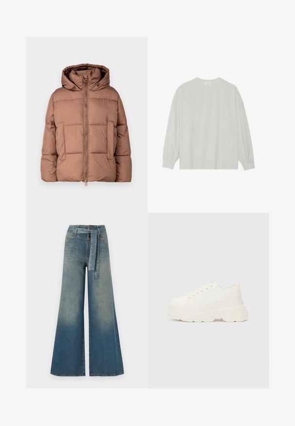 Brun puffjakke med høy krage, frontglidelås, to store frontlommer og hette. Glatt stoff med kviltede mønstre.; Lys grå langermet t-skjorte laget av myk bomull. Har en løs passform, rund hals og forsiktig samlet mansjetter. Ingen mønstre eller grafikk.; Bredde ben jeans med en lyseblå til mørkeblå gradient, høyt liv, beltehemper og et matchende belte i samme stoff. Teksturert denimoverflate.; Hvit kanvas sneakers med chunky såle, avrundet tå og fem hull for snøringer. Bakre tab for enkel påkledning. Glatt tekstur, minimalistisk design.