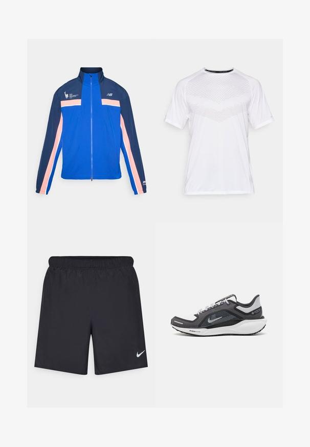 Blå jacka med marinblå och rosa ränder, hög krage, dragkedjeslutning och sportlogotyp på vänster bröst. Lätt, mjukt tyg.; Vit kortärmad träningsskjorta med ett strukturerat geometriskt mönster på framsidan, tillverkad av lätt tyg, rund halsringning och avslappnad passform.; Svarta träningsshorts gjorda av lätt material med elastisk midja. Har en liten vit Nike-logotyp på nedre vänstra sidan.; Svart och grå atletisk sko med ovandel i mesh, reflexdetaljer och en vit mellansula. Har en strukturerad gummisula och skosnören.