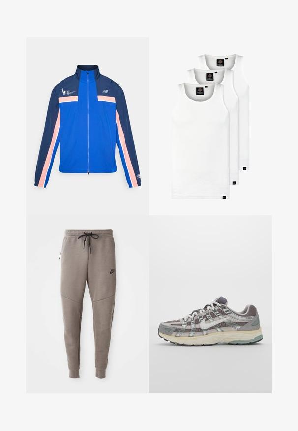 Blue jacket with navy and pink stripes, high collar, zip closure, and sport logo on left chest. Lightweight, smooth fabric.; Three white ribbed tank tops made of cotton. Features a crew neck and small black labels near the hem. Available in multiple sizes.; Gray Nike sweatpants with a drawstring waistband, tapered legs, side pockets, and distinct seam detailing. Soft, textured fabric.; Gray athletic shoe featuring a mesh and suede upper, white accents, a cushioned sole, and a distinctive design with reflective elements.