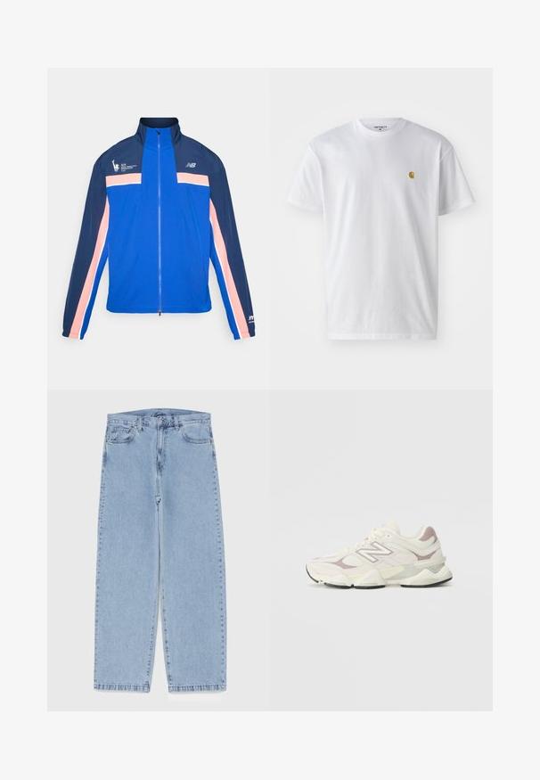 Mėlyna striukė su tamsiai mėlynomis ir rožinėmis juostelėmis, aukštu apykakle, užtrauktuku ir sporto logotipu kairėje krūtinės pusėje. Lengvas, lygus audinys.; Balta medvilnės marškinėliai su trumpomis rankovėmis, apvalia iškirpte, kuriuose kairėje krūtinės pusėje yra mažas auksinis logotipas. Minkšta tekstūra ir reguliari forma.; Šviesiai mėlyni džinsai su tiesiomis kojomis, turintys vidutinio aukščio juosmenį, penkias kišenes ir mygtuko bei užtrauktuko uždarymą.; Balti ir šviesiai pilki sportiniai sneakeriai, turintys tinklinį ir sintetinį viršų, paminkštintą apykaklę, tekstūruotus akcentus ir storą gumos pado sluoksnį.