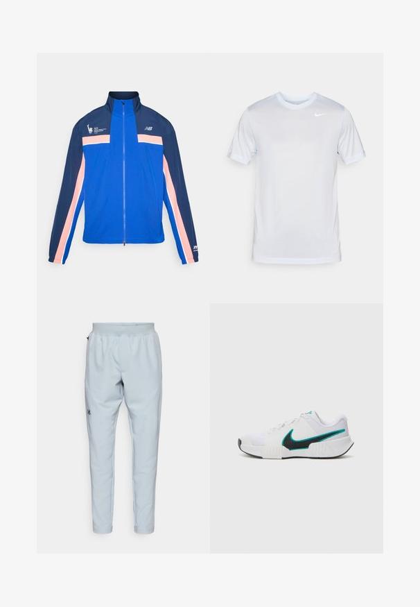 Chaqueta azul con rayas marinas y rosas, cuello alto, cierre de cremallera y logo deportivo en el lado izquierdo del pecho. Tejido ligero y suave.; Nike Performance TEE NEW VENEER - Camiseta deportiva - football grey/pure/white; Pantalones deportivos azul claro con cintura elástica, piernas ajustadas, bolsillos laterales y un logotipo negro en el muslo izquierdo. Textura de tela suave.; Zapatilla deportiva blanca con parte superior de malla texturizada, suela de goma negra y acento del swoosh de Nike en color teal. Cuenta con cordones y un collar acolchado.