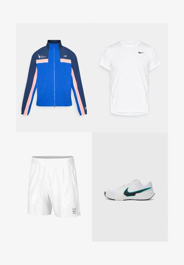 Veste bleue avec des rayures bleu marine et rose, col haut, zip sur le devant et logo sportif sur la poitrine gauche. Tissu léger et lisse.; T-shirt Nike blanc à manches courtes, fabriqué en matériau synthétique lisse, avec un logo noir sur le côté gauche de la poitrine.; Shorts de sport blancs en tissu léger avec une taille élastique, dotés de deux poches latérales et d'un petit logo noir au bas.; Chaussure de sport blanche avec une tige en mesh texturé, semelle en caoutchouc noire et accent en teal sur le logo Nike. Équipée de lacets et d'un col rembourré.