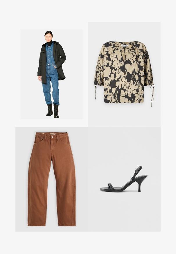 Juodas parka tipo švarkas su kailiniu kapucėje, uždėtas ant mėlynos džinsinės šokinėjimo aprangos. Modelis dėvi juodas kulkšnies ilgio batus. Paprasta balta fono.; Juoda ir smėlinė gėlėta palaidinė laisvo kirpimo, su apvalia iškirpte ir pūstomis rankovėmis. Su raišteliais prie iškirptės ir elastinėmis rankogalėmis.; Rudai rudi tiesūs džinsai su priekinėmis ir galinėmis kišenėmis, metaliniais kabliukais, mygtuko užsegimu ir diržo kilpomis, išdėstyti ant balto fono.; Juodos odinės aukštakulnės šlepetės su plonu, kreiviu kulnu ir kryžminiu dirželio dizainu. Reguliuojamas kulkšnies dirželis. Lygus paviršius.