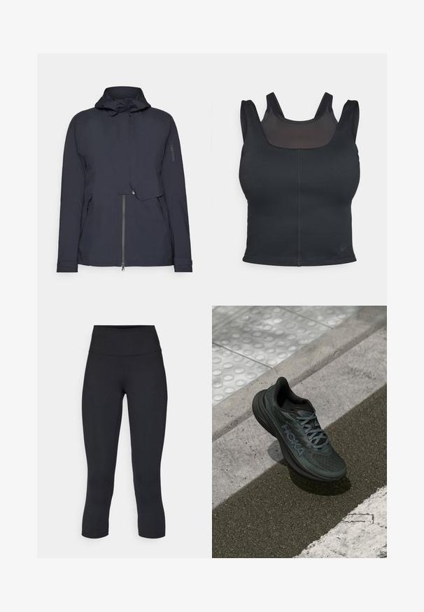 Veste coupe-vent marine avec capuche, fermeture éclair à l'avant et poches latérales. Fabriquée en matériau lisse et léger avec un minimum de détails.; Soutien-gorge de sport noir avec une coupe ajustée, des bretelles larges et une superposition en mesh sur le devant. Texture lisse et coutures minimalistes. Logo Nike à l'ourlet.; Leggings noirs coupés en tissu extensible, avec une taille haute et une texture lisse, sans motifs ni éléments visibles.; Chaussure de course noire avec tige en mesh, accents texturés et logo, dotée d'une semelle rembourrée et de lacets gris, posée sur le pavé.