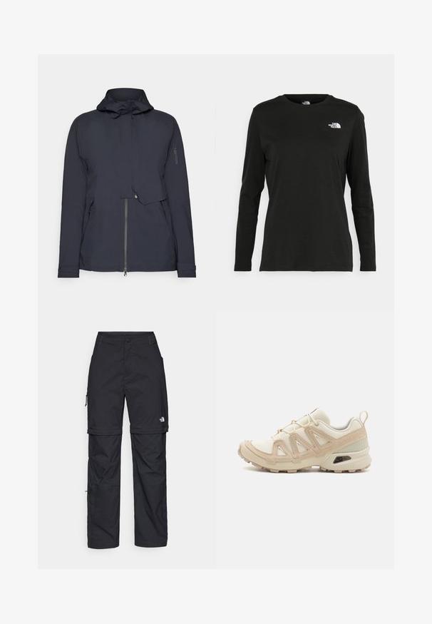 Marineblauer Windbreaker mit Kapuze, Reißverschluss vorne und Seitentaschen. Hergestellt aus glattem, leichtem Material mit minimalen Details.; Schwarzes Langarm-T-Shirt aus Baumwolle mit Rundhalsausschnitt. Verfügt über ein kleines weißes Logo auf der linken Brustseite. Einfaches Design und Passform.; Schwarze Nylon-Zip-Off-Cargohosen mit verstellbaren Bündchen, mehreren Taschen und einem Logo am rechten Bein. Glatte, leichte Textur.; Beige und cremefarbenen Sportschuh mit strukturiertem Mesh-Obermaterial, unterstützenden Überzügen und Gummisohle mit einem Profilmuster für Bodenhaftung.