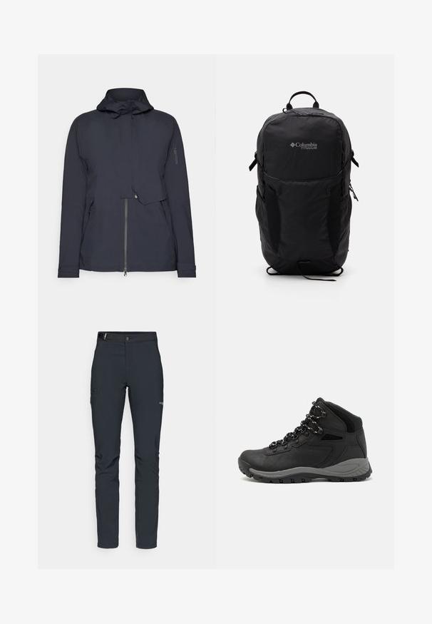 Navy windbreaker jacket featuring a hood, zippered front, and side pockets. Made from smooth, lightweight material with minimal detailing.; Black Columbia t-shirt with white circular mountain and river line art and text "Columbia Sportswear Company Outside Since 1938."; Men's outdoor pants, dark gray, made from flexible material, featuring a belt, zippered pockets, and reinforced stitching.; Black hiking boot with a mid-top design, featuring a textured upper, gray accents, and durable rubber sole with traction lugs.; Black Columbia Titanium backpack with a smooth fabric texture, side pockets, top handle, and adjustable straps. Minimalist design with subtle branding.