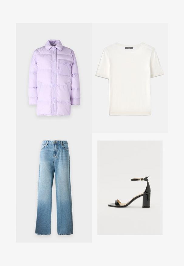Lilafarbene Pufferjacke mit Knopfverschluss, Point-Kragen und einer Brusttasche. Sie besitzt ein gestepptes Design und eine weiche, glatte Textur.; Weißes kurzärmliges Strickoberteil mit rundem Halsausschnitt, das eine glatte Textur und subtile Rippakzente an den Ärmeln und dem Saum aufweist.; Hellblaue Denim-Jeans mit lockerer Passform, geraden Beinen und dezenten Verzierungen. Verfügt über ein klassisches Fünf-Taschen-Design und Gürtelschlaufen.; Schwarze Lackleder-Sandalette mit weitem Absatz, offener Zehenpartie und Knöchelriemen mit goldener Schnalle. Glatte Textur und elegantes Design.