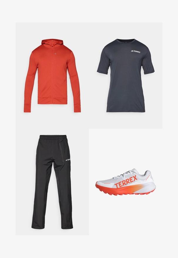 Sarkans kapuces džemperis ar rāvējslēdzēju, ar garām piedurknēm un aprocēm. Izgatavots no teksturētas auduma ar mazu rāvējslēdzēja kabatu uz krūtīm.; Tumši pelēks īsām piedurknēm t-krekls, kas izgatavots no viegla, elpojoša materiāla. Iezīmēts ar apaļu kakla izgriezumu un baltu "TERREX" logo priekšā.; Melnas vieglas āra bikses ar elastīgu jostu, rāvējslēdzēja kabatām un uzdrukātu logotipu. Gluda tekstūra un taisni pieguļošas kājas.; Balts sporta apavu modelis ar izteiktu oranžu "TERREX" logotipu. Tam ir teksturēts augšdaļa, viegls dizains un gumijas zole ar saķeres radzēm.