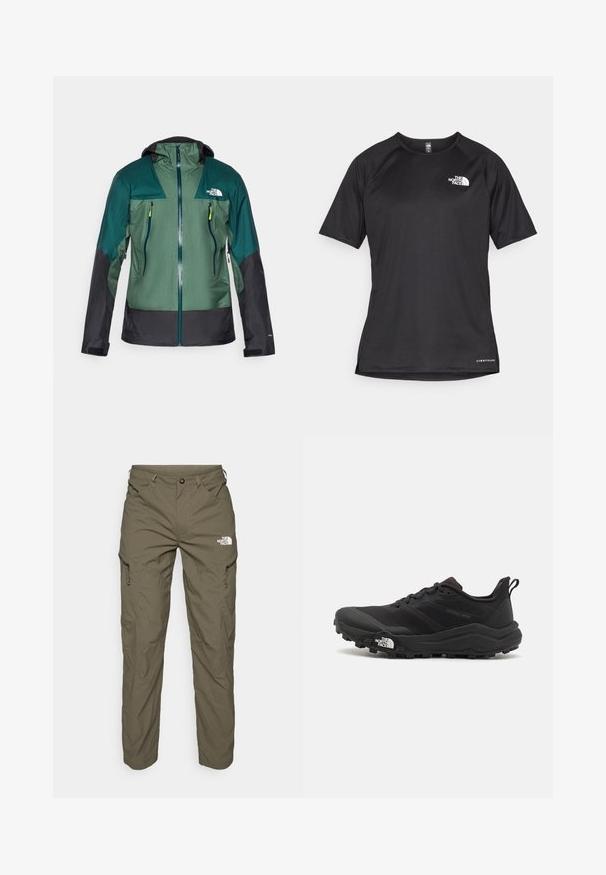 Green and black waterproof jacket with a hood, featuring a zip front, two chest pockets, and textured fabric in a lightweight design.; Black short-sleeve athletic shirt with a textured fabric, featuring a white logo on the left chest and a straight hem.; Olive green outdoor pants made of lightweight fabric, featuring cargo pockets, zipper accents, and a logo on the upper thigh.; Black trail running shoe with a textured upper, rubber sole, and reinforced toe cap. Features a padded collar and pull tab for easy wear.