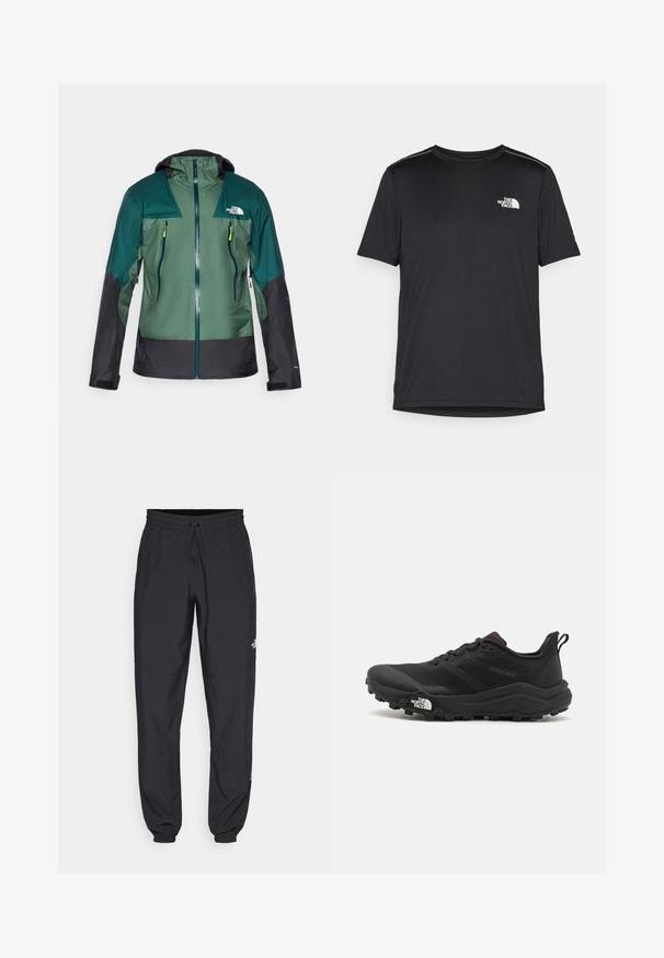 Veste imperméable verte et noire avec capuche, dotée d'une fermeture éclair à l'avant, de deux poches poitrine et d'un tissu texturé dans un design léger.; T-shirt noir à manches courtes en tissu léger. Présente un petit logo blanc sur la poitrine gauche et des accents subtils aux épaules.; Pantalon de sport noir en tissu léger, avec une taille à cordon, des poches latérales et des chevilles resserrées.; Chaussure de trail running noire avec une tige texturée, semelle en caoutchouc et bout renforcé. Présente un col rembourré et une tirette pour un enfilage facile.