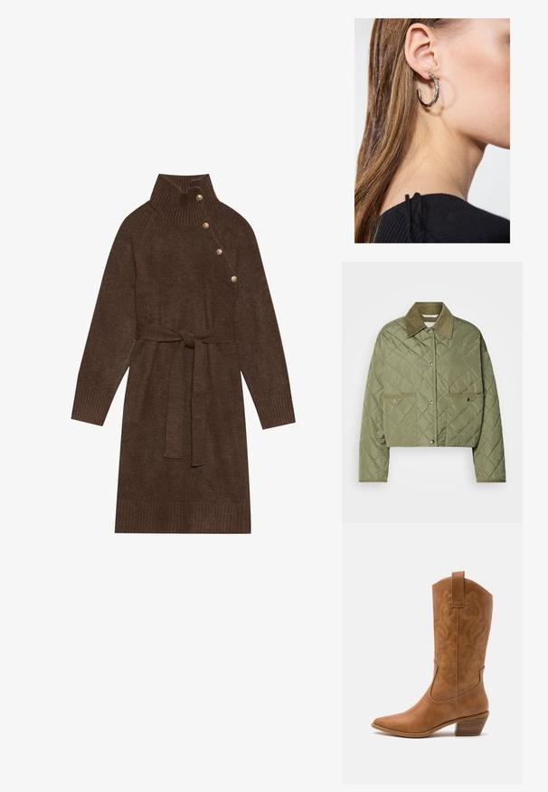 Cropped quilted jacket in olive green, featuring a corduroy collar, two front pockets, snap button closure, and textured diamond pattern.; Brown knitted sweater dress with a high ribbed collar, side buttons, and a matching fabric belt. Ribbed cuffs and hem add texture.; Tan leather cowboy boot with pointed toe, embroidered swirl patterns on shaft, and a stacked block heel. Features a pull tab for easy wear.; Silver hoop earring with a polished finish, featuring small gold accent details and a round shape, worn on the lobe.