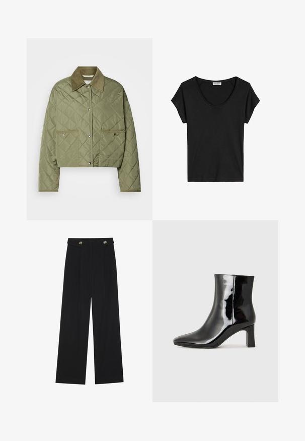 Skórzana kurtka o krótkim kroju w oliwkowym kolorze, z kołnierzem z kordurowej tkaniny, dwoma przednimi kieszeniami, zapięciem na zatrzaski oraz fakturowanym wzorem w romby.; Czarna koszulka z krótkim rękawem, z okrągłym dekoltem, wykonana z miękkiego, lekkiego materiału o gładkiej fakturze i bez widocznych wzorów.; Czarne szerokie spodnie z wysokim stanem, z detalami w postaci guzików na pasku oraz plisami z przodu.; Czarne lakierowane botki za kostkę z wysmukłym noskiem i średniej wysokości obcasem w kształcie słupka. Gładka tekstura i minimalistyczny design.