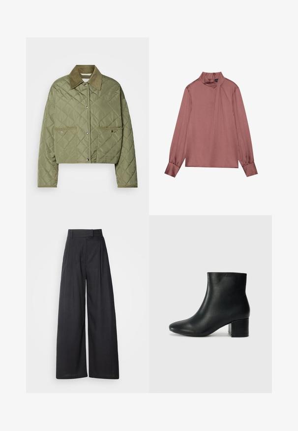 Apgriezts quiltots mētelis olīvzaļā krāsā, ar kordūrām apdari uz apkakles, divām priekšējām kabatām, spiedpogu aizdari un strukturēta dimantu raksta.; Garā piedurkne purpursarkanā blūze ar augstu kakla izgriezumu, sānu drapējuma detaļu, pogājamiem aprocēm un aizmugures rāvējslēdzēja aizdari.; Tumši, plataji svārki ar strukturētu jostas daļu un krokām. Izgatavoti no viegla auduma, ar gludu tekstūru un bez redzamām rakstu zīmēm.; Melna ādas potīšu zābaki ar smailu purngalu un masīlu papēdi. Gluda tekstūra ar minimāliem akcentiem un gludu, pieguļošu dizainu.