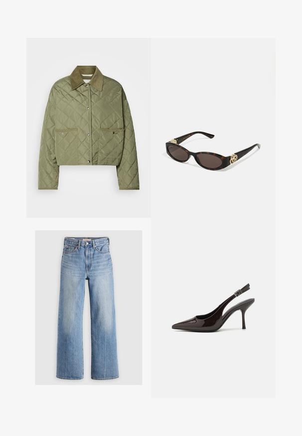 Skórzana kurtka o krótkim kroju w oliwkowym kolorze, z kołnierzem z kordurowej tkaniny, dwoma przednimi kieszeniami, zapięciem na zatrzaski oraz fakturowanym wzorem w romby.; Niebieska koszula z długim rękawem, w paski, z kołnierzykiem i zaokrąglonym dołem. Materiał wydaje się gładki i lekki. Zapięcie na guziki z przodu.; Jasnoniebieskie dżinsowe spodnie o szerokich nogawkach z wysokim stanem, wyblakłe miejsca, pięć kieszeni oraz kontrastowe przeszycia. Klasyczne zapięcie na guzik i zamek błyskawiczny.; Sandały na obcasie typu slingback z błyszczącej ciemno-brązowej lakierowanej skóry, w szpic, z otwartymi bokami i regulowanym paskiem wokół kostki.; Słoneczne okulary w kolorze żółwi z wydłużonymi owalnymi soczewkami, brązowym odcieniem, złotymi akcentami logo na zausznikach oraz smukłymi czarnymi ramionami.