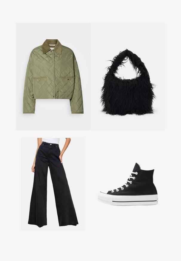 Skraćena quiltana jakna u maslinastoj boji, s okovratnikom od kordura, dva prednja džepa, kopčanjem na pritisak i teksturiranim dijamantnim uzorkom.; Smeđi skraćeni majica od mekog pamuka, s kratkim rukavima i okruglim izrezom. Uključuje suptilni "Guess" logo u zlatnoj boji na dnu.; Crne široke traperice od denima. Visok struk s kopčanjem na dugme, s čistim dizajnom bez istaknutih uzoraka ili akcenta.; Visoke crne platnene tenisice s bijelim rupama, vezicama i gumenim potplatom. Imaju teksturirani vrh i crno-bijele pruge kao ukrase.; Even&Odd Velika torba - black