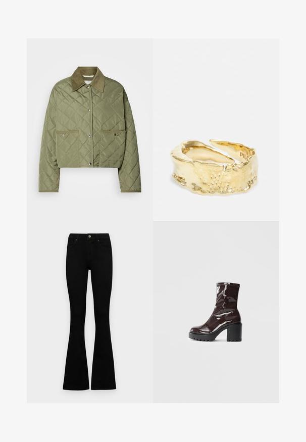 Aukštos kokybės žalia, išklota striukė, kuri yra trumpinta ir pasižymi švelnaus aksomo apykakle, dviem priekinėmis kišenėmis, spaustuku užsegama ir tekstūruotu rombų raštu.; Tamsiai pilkas per didelis marškinėliai, pagaminti iš medvilnės, su centriniu saulės grafiku, turinčiu sudėtingus linijų detalizavimus, spaustu priekyje.; Juodos aukšto liemens džinsai su mygtuku ir užtrauktuku, priekinėmis kišenėmis ir platėjančiomis kojomis, išdėstyti ant baltos fono.; Blizgus burgundių spalvos kulknapis su tankiu juodu kulnu, pasižymintis lygiu paviršiumi ir paprastu dizainu. Nėra matomų užsegimų ar raštų.; Auksinis žiedas su tekstūruota, bangos formos konstrukcija, poliruotu paviršiumi, išsiskiriantis išraiškingais detalėmis ir tarpu juostoje, leidžiančiu pritaikyti dydį.