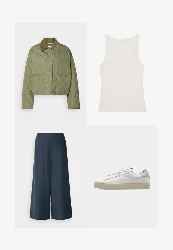 Cropped quilted jacket in olive green, featuring a corduroy collar, two front pockets, snap button closure, and textured diamond pattern.; White cotton tank top with a wide neckline and thin shoulder straps. Smooth texture with no visible patterns or embellishments.; Wide-leg trousers in navy blue, made from lightweight fabric. Features a slightly textured surface, elastic waistband, and front seams.; White leather sneaker with a smooth finish, beige suede accents, round toe, flat lace-up design, and a textured rubber sole.