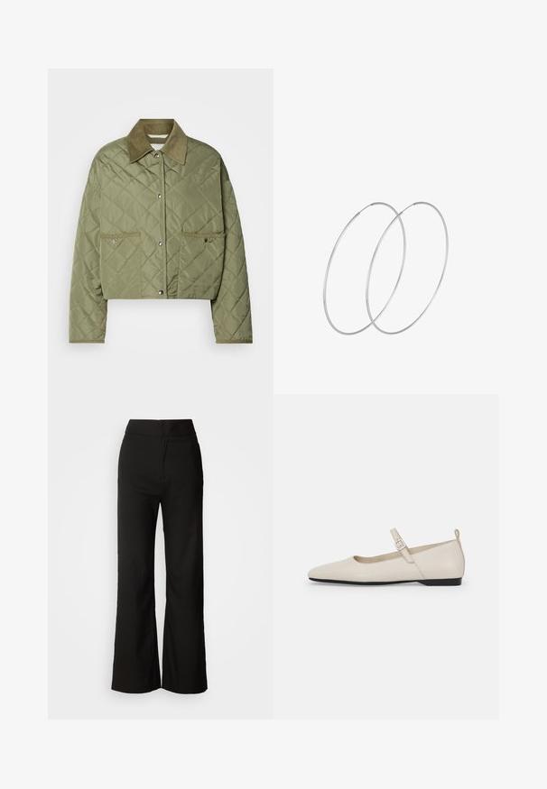 Olive roheline lühike topp, millel on sametist krae, kaks esikotti, klõps-nuppude sulgemine ja tekstureeritud teemantimuster.; Valge puuvillane top, millel on lai kaelus ja õhukesed õlavarre rihmad. Sile tekstuur ilma nähtavate mustrite või kaunistusteta.; Mustad laiad püksid sujuva tekstuuriga, kõrge vöökoht ja puhas disain. Ei ole nähtavaid taskuid ega dekoreerimist.; Valgete nahast Mary Jane lamedate kingade kumerad varbad, külgmine pandla ja madal must konts. Sile tekstuur ja minimalistik disain.; Hõbedased rõngastikkaehingad minimalistlikus disainis. Ümar kuju, sile tekstuur ja õhuke profiil. Kerged ning poleeritud viimistlusega.