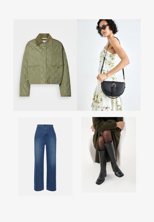 Kuttet quiltet jakke i olivengrønn, med cordfløyelskrage, to frontlommer, trykknapplukking og teksturert diamantmønster.; To langermede genser med høy hals: en i hvit og en i rustrød, laget av lett, elastisk stoff med en tettsittende design.; Høyt midje denimjeans i middels blå. Har knappedetaljer foran og bred benstil. Stoffet har en glatt tekstur med lett falming.; Knæhøye sorte lærstøvler med firkantet tå og blokkhelt, vist med en modell som sitter iført en olivengrønn kåpe. Glatt tekstur, minimal detaljering.; Svart lærveske med en buet form, avtagbar stropp og gullbeslag. Vesken har et klaff med spenne-detall.