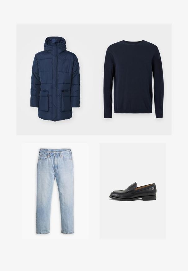 Jūros mėlynos spalvos paminkštintas paltas su kapišonu, turintis priekinius užtrauktukus, dvi dideles priekines kišenes ir horizontalią siuvinėjimo detalę.; Tamsiai mėlynas megztinis su ilgomis rankovėmis, apvaliu iškirpimu ir nusmukusiais rankogaliais bei apačia. Ant krūtinės yra mažas logotipas.; Šviesiai mėlynos džinsinės kelnės su tiesiu kirpimu, penkių kišenių stiliumi ir kontrastingomis siūlėmis. Mygtuko ir užtrauktuko uždarymas juosmens srityje.; Juodi odiniai loafersai su lygiu paviršiumi, apvaliu pirštu ir dekoratyvine siūlė viršuje. Žemas sustiprintas kulnas ir lengvas blizgesys.