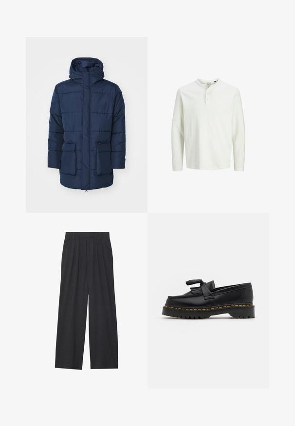 Námořnicky modrá prošívaná bunda s kapucí, která má přední zip, dvě velké přední kapsy a horizontální prošívání.; Bílá dlouhá rukávová henley košile s třemi knoflíky a kulatým výstřihem, vystavená na jednoduchém bílém pozadí.; Široké kalhoty vyrobené z tmavě šedé látky. Mají plisování v pase, střih na míru a rovný siluetu.; Černé kožené mokasíny s třásněmi, se silnou černou podrážkou a žlutým prošíváním podél okraje. Texturovaný povrch.