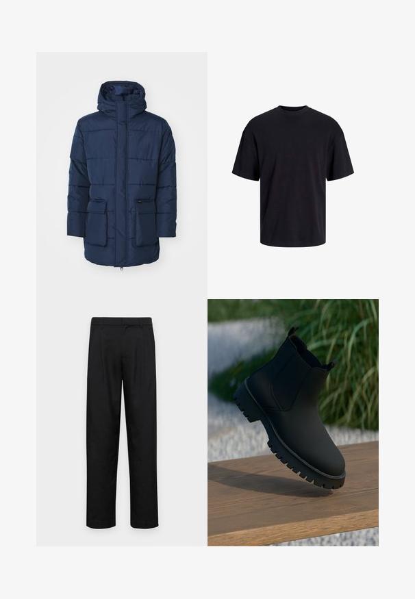 Tumši zilas krāsas polsterēta jaka ar kapuci, ar priekšējo rāvējslēdzēju, divām lielām priekšējām kabatām un horizontālām šuvju detaļām.; Melns kokvilnas T-krekls ar apaļu kakla izgriezumu, īsām piedurknēm un brīvu piegriezumu. Gluda tekstūra un nav redzamu rakstu vai akcentu.; Melnas bikses, izgatavotas no gludas auduma, ar taisnu kāju dizainu, divām priekšējām krokām un standarta jostu, kurai ir āķi.; Melnas potītes ar gludu apdari, elastīgām sānu malām un biezu, izturīgu zoli. Novietotas uz koka virsmas dabiskā ainavā.