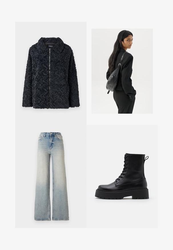 Czarna, teksturowana, puszysta kurtka z kołnierzem, przednim zamkiem błyskawicznym i długimi rękawami. Posiada zygzakowaty wzór na materiale.; Vero Moda VMNEWCREAM czarny; Jasnoniebieskie dżinsy o szerokich nogawkach, wykonane z denimu, z wysokim stanem, pięcioma kieszeniami i widocznym przeszyciem wzdłuż szwów.; Czarne skórzane botki za kostkę z okrągłym noskiem, sznurówką z przodu i grubą gumową podeszwą z teksturowanym bieżnikiem. Pętelka do zakładania z tyłu.; Kobieta z długimi ciemnymi włosami, ubrana w czarny garnitur, trzymająca czarną skórzaną torbę na ramię, spoglądająca przez ramię na białym tle.