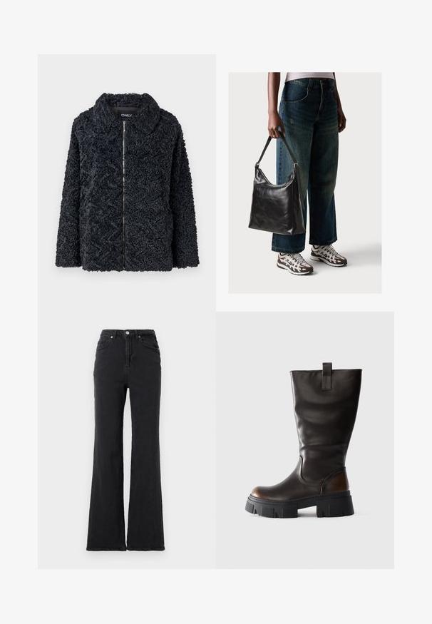 Čierna, textúrovaná, nadýchaná bunda s golierom, predným zipsom a dlhými rukávmi. Obsahuje cikcakový vzor na látke.; Čierny rebrovaný pulóver s dlhým rukávom, priliehajúci, s okrúhlym výstrihom, vystavený na jednoduchom svetlom pozadí.; Čierne rifľové nohavice s vysokým pásom, rozšírenými nohavicami, predným gombíkom a dizajnom s piatimi vreckami na jednofarebnom bielom pozadí.; Vysoká čierna kožená čižma s robustným čiernym platformovým podpätkom a hnedým akcentom na päte, bočný pohľad na svetlosivom pozadí.; Čierna kožená taška cez rameno s hladkou textúrou a nastaviteľným popruhom, skombinovaná s vyblednutými širokými džínsy a športovými teniskami.