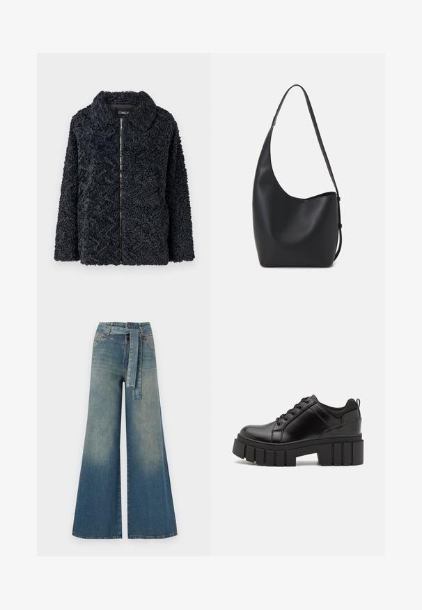 Black, textured, fluffy jacket with a collar, front zipper, and long sleeves. Features a zigzag pattern across the fabric.; Black cotton t-shirt with short sleeves, featuring a small pink butterfly graphic on the left chest. Crew neck design with a relaxed fit.; Wide-leg denim trousers featuring a light to dark blue gradient, high waist, belt loops, and a matching fabric belt. Textured denim finish.; Black leather platform shoes with a chunky block heel, round toe, and traditional lace-up design. Features smooth texture and minimal detailing.; Black leather hobo bag with a smooth texture, curved shape, and single adjustable strap; features a wide opening at the top.