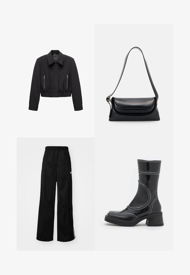 Czarna krótka kurtka z szerokim kołnierzem, długimi rękawami, elastycznym dołem i dwiema pionowymi kieszeniami na zamek z przodu.; Sweter z długim rękawem w kolorze ciemnozielonym, o teksturowanym splocie, z prążkowanymi mankietami, dołem i dekoltem, ułożony na płasko na białym tle.; Czarne szerokie spodnie dresowe z elastycznym pasem, z białymi paskami po bokach i małym logo na lewym biodrze. Gładka tekstura materiału.; Czarne lakierowane botki za kostkę z białym przeszyciem, okrągłym noskiem i słupkowym obcasem. Posiadają zakrzywione linie designu oraz gładką teksturę.; Czarna skórzana torebka o zorganizowanym kształcie, gładkiej fakturze i pojedynczym pasku na ramię. Posiada subtelną, zaokrągloną klapkę.
