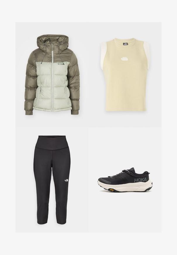 Casaco acolchoado com capuz, apresentando um design bi-tonal; parte superior em verde oliva escuro, parte inferior em verde claro, com punhos elásticos e bolsos com fecho de correr.; Top sem mangas em algodão amarelo pastel com decote redondo. Apresenta painéis de ombro em creme em contraste e um logotipo texturizado no peito.; Leggings capri pretos feitos de um tecido elástico, com uma cintura alta e um pequeno logótipo branco no lado esquerdo. Textura suave.; Ténis de desporto pretos com um cabedal em malha respirável, sola de borracha, entressola branca com amortecimento e atacadores refletivos. Logótipo Vibram na sola.