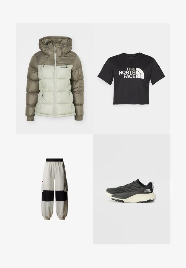 Padded jacket with a hood, featuring a two-tone design; upper section in dark olive, lower in light green, with elastic cuffs and zipper pockets.; Black cropped t-shirt made of cotton, featuring a white logo with curved accents and text "THE NORTH FACE" on the front. Short sleeves, crew neck.; The North Face HIMALAYAN - Cargo trousers - white dune tnf black; Black athletic shoe with a textured upper, featuring gray accents and a white midsole. Includes a pull tab and prominent brand logo on the heel.