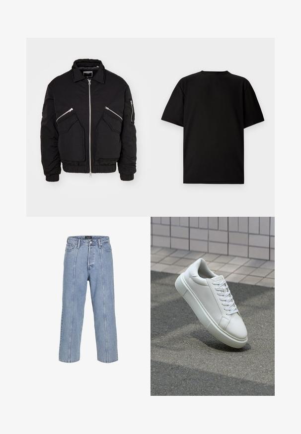 Must must nahkavari, millel on lukuga esikülg, kaks nurkades olevat küljetaskut ja ribidega mansetid. Valmistatud tekstureeritud materjalist, millel on lõdvestatud sobivus.; Mustus lühikeste varrukatega T-särk ribakanga materjalist. Omab ümmargust kaelust ja lõõgastavat istuvust, millel on sile tekstuur. Ainult tagavaade.; Heledad sinine teksapüksid, millel on lai lõige, laiad sääred ja nähtavad õmbluse detailid. Omab nööbiga ja lukuga kinni tõmmatavat piirdu, viis taskut.; Valge nahkline sneka, millel on sile pind, ümar varvas ja lame valge pael. Omab tekstuuriga kummist talla ja minimaalset kujunduselementi.