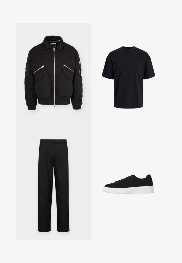 Crni bomber jakna s prednjim zatvaračem, dva kuta bočna džepa i rebrastim manžetama. Izrađena od teksturiranog materijala s opuštenim krojem.; Crna pamučna majica s okruglim izrezom, kratkim rukavima i opuštenim krojem. Glatka tekstura bez vidljivih uzoraka ili dekoracija.; Crne hlače od glatkog materijala, s dizajnom ravnih nogavica, dva prednja nabora i standardnim pojasom s petljama za remen.; Crne svečane tenisice od zamšene kože s okruglim vrhom, vezanjem sprijeda i bijelim gumenim potplatom. Jednostavan dizajn s minimalnim akcentima i glatkom teksturom.